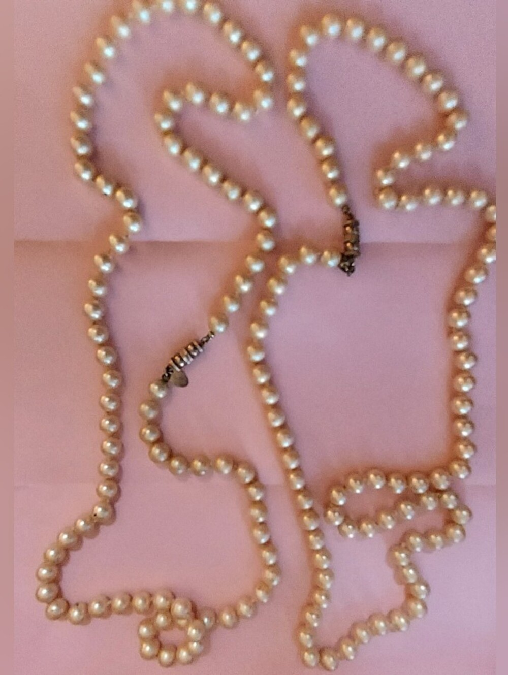 Les Bernard Vintage Ivory Cream 2 Faux Pearl Necklaces Name Tag 15" Drop